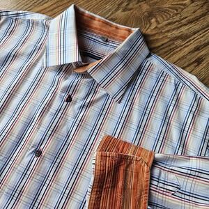 Visconti Dress Shirt Mens 2XL Plaid Long Sleeve Button Up Flip Cuff Orange White